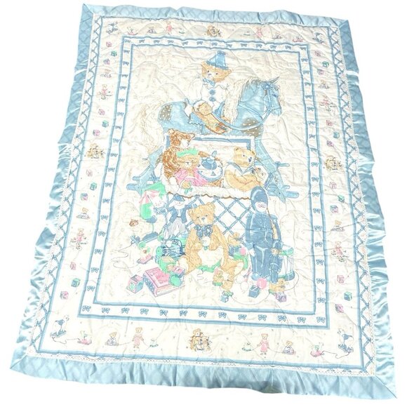 Vintage‎ Baby Crib Quilt Blue Teddy Bears & Toys Reversible Stain Trim Nursery - Picture 1 of 5